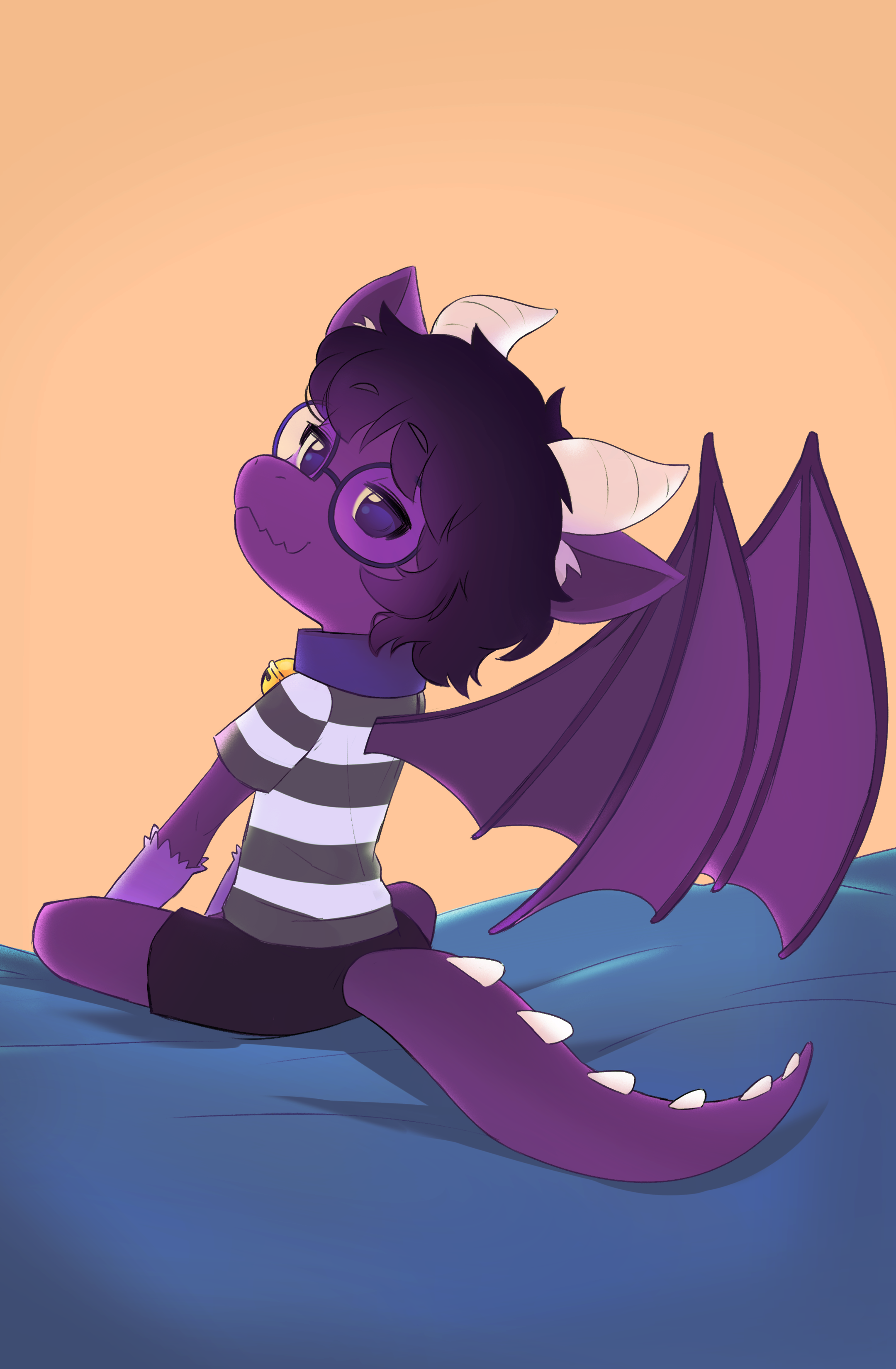 purple dragon furry kid with circle-framed glasses, a grey and white striped shirt, black shorts and a blue collar with a yellow, globe bell sitting on a blue bed